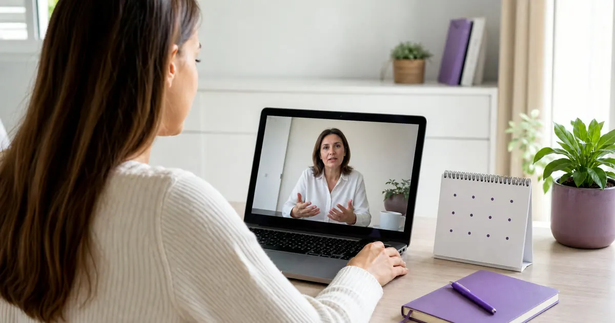 Paciente em videochamada de acompanhamento psiquiátrico com calendário e caderno