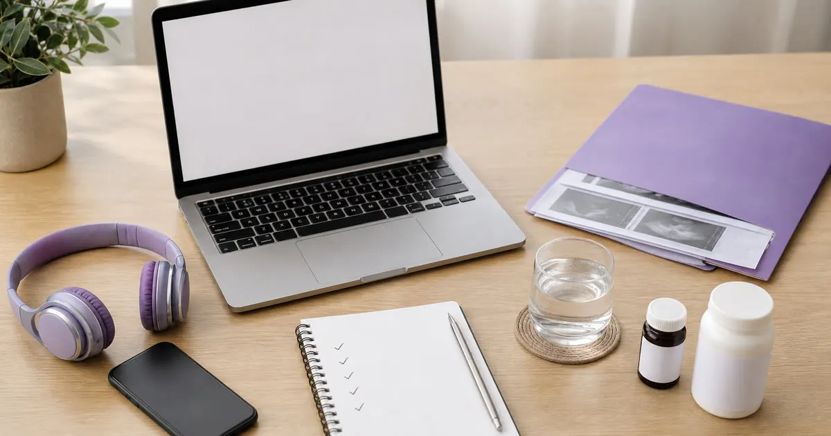 Computador, fones, caderno e documentos organizados para consulta psiquiátrica online