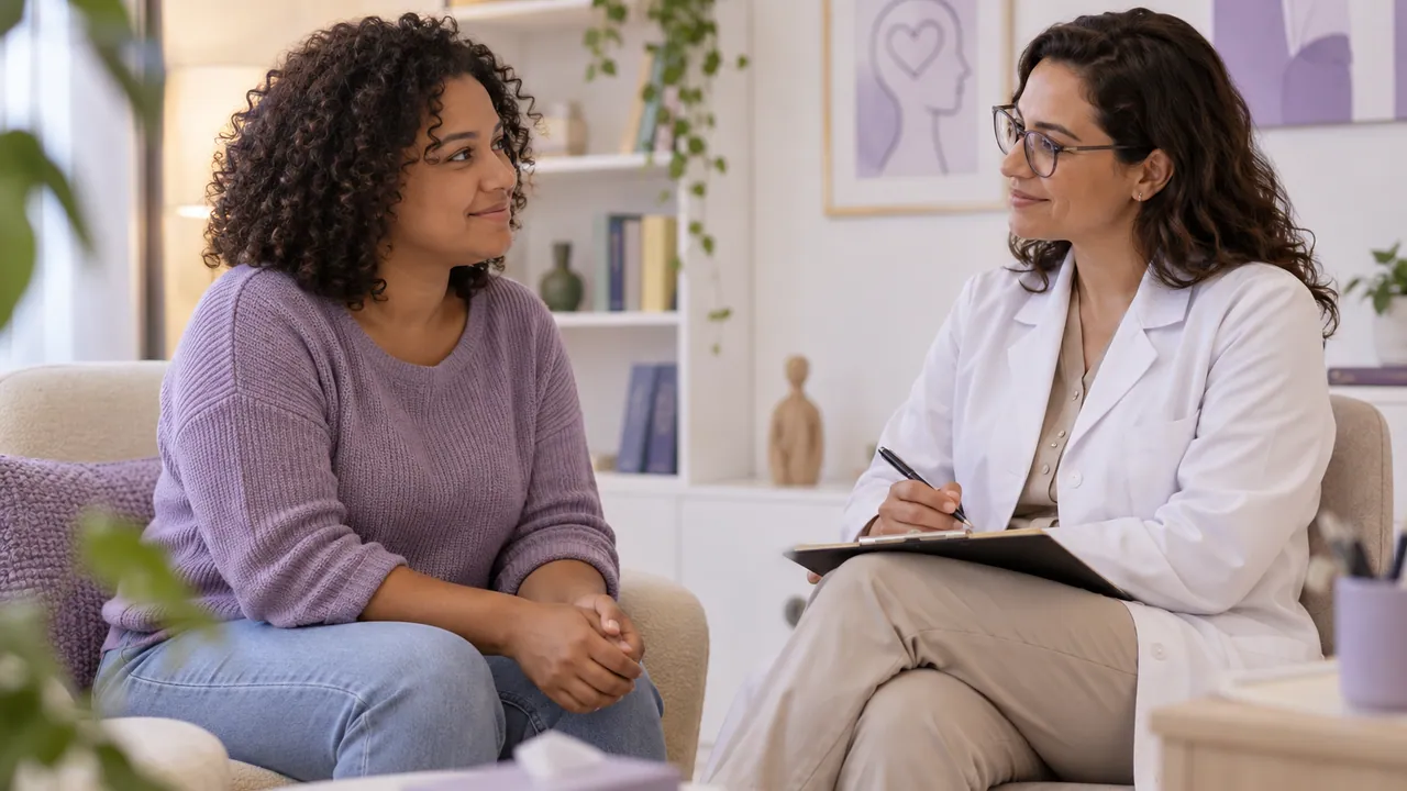 Imagem ilustrativa de mulher conversando calmamente com médica em consultório