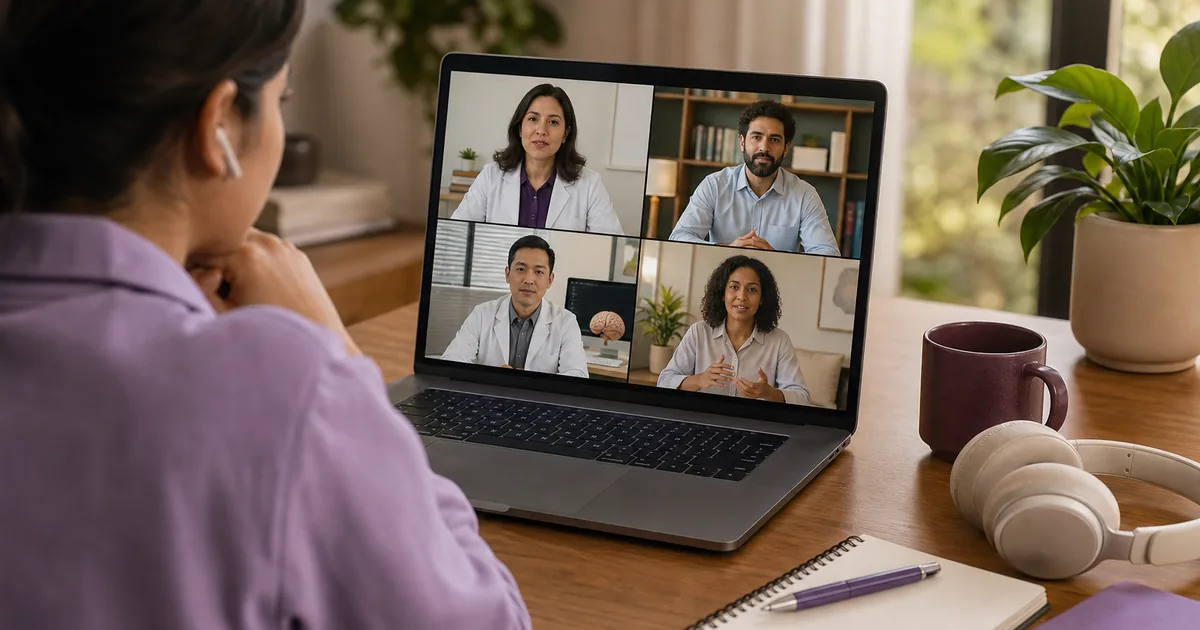 Mosaico de especialidades médicas disponíveis em teleconsulta na tela de um notebook