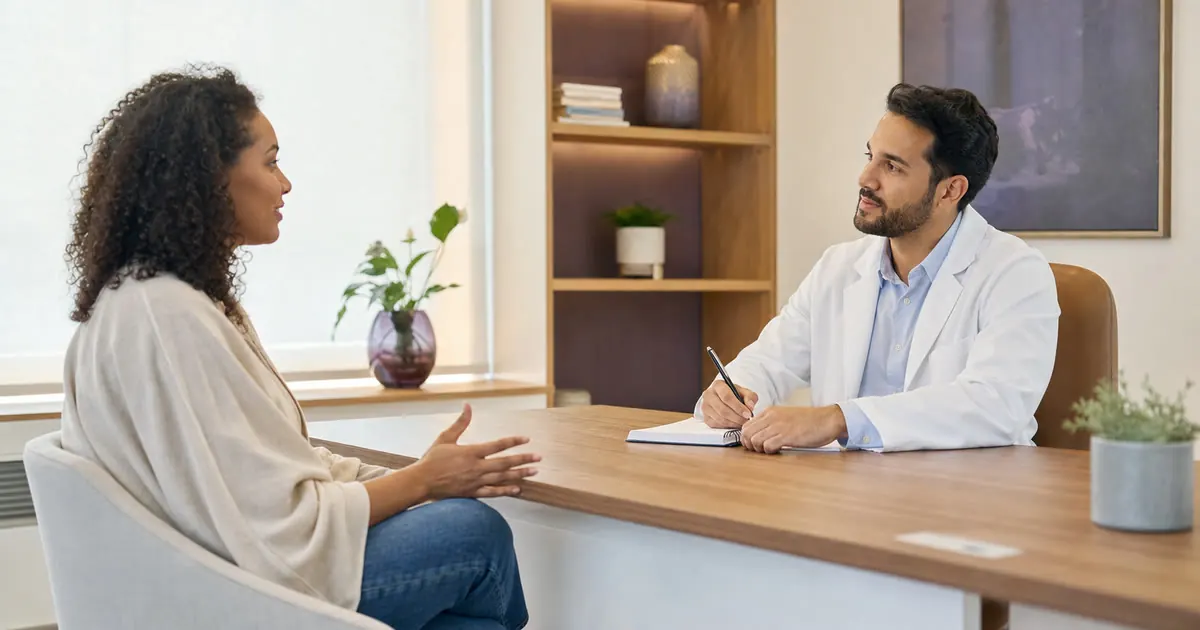 Paciente conversando com médico durante a primeira consulta com psiquiatra