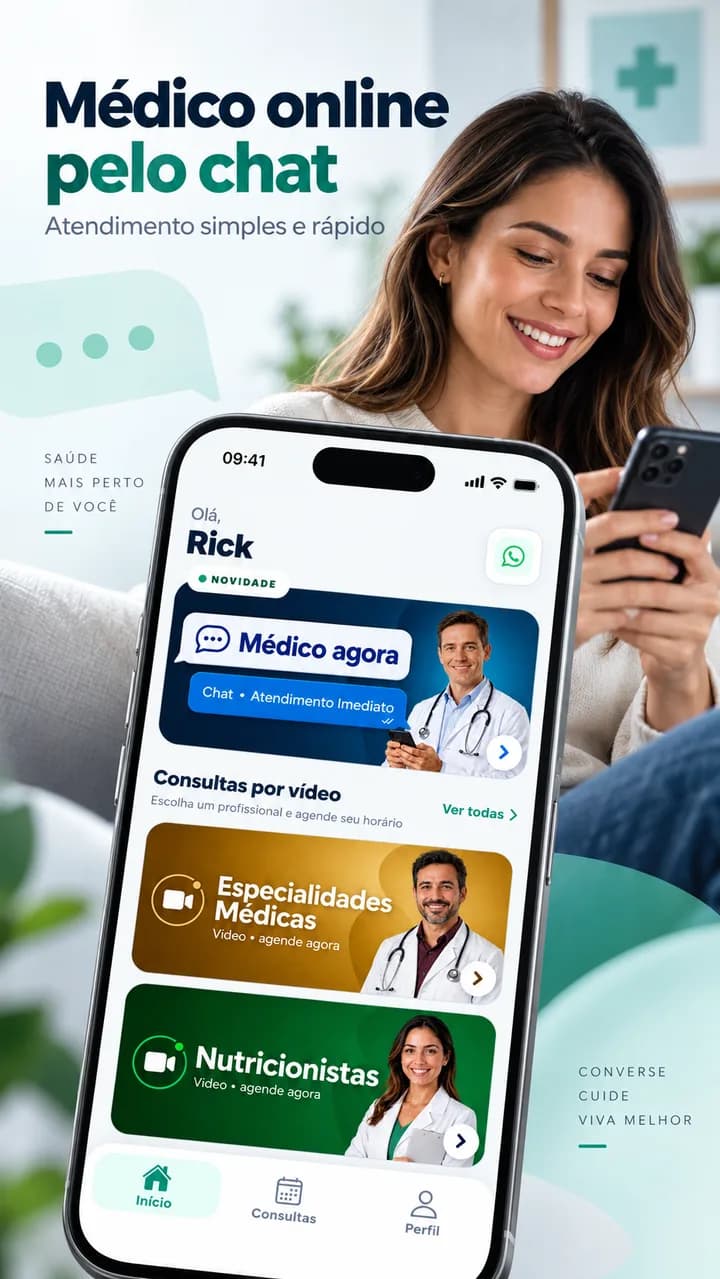 Imagem de divulgação do Vizi mostrando a tela inicial com acesso ao chat e às consultas por vídeo