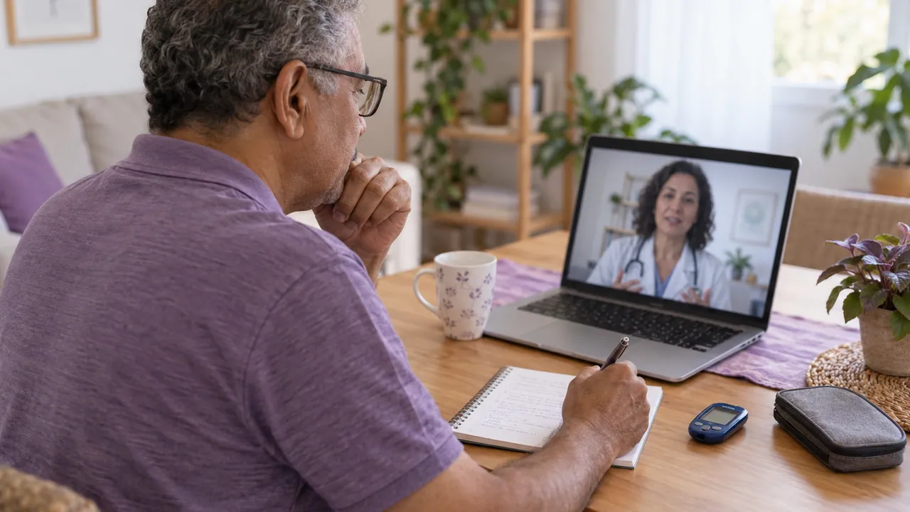 Imagem ilustrativa de homem numa teleconsulta com caderno e glicosímetro sobre a mesa
