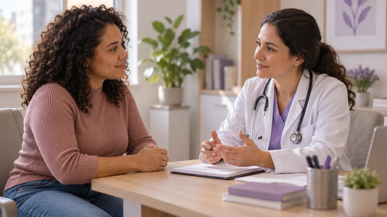 Imagem ilustrativa de mulher conversando com médica num ambiente reservado