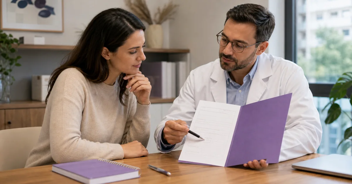 Médico e paciente analisam juntos um documento durante consulta