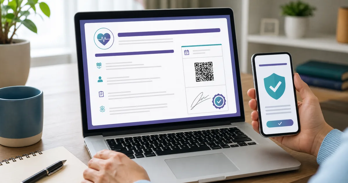 Notebook exibe atestado médico digital com QR code enquanto celular mostra verificação de autenticidade