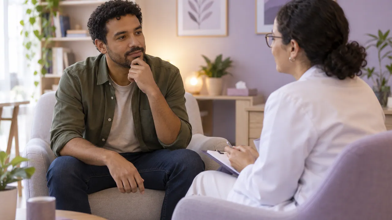 Imagem ilustrativa de homem conversando com médica num atendimento acolhedor