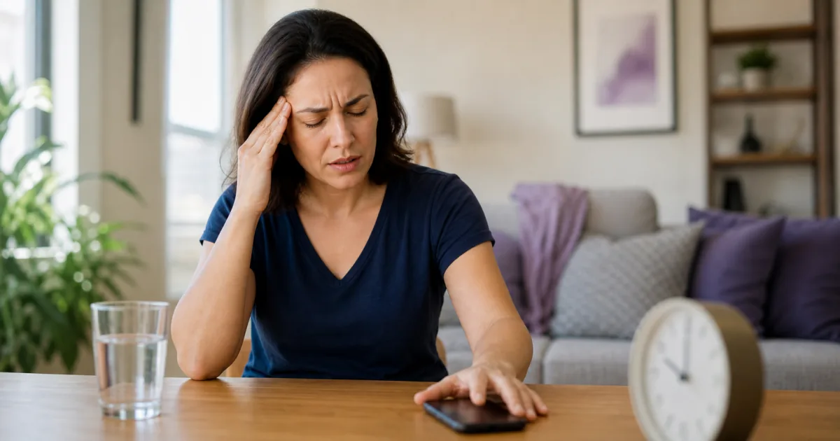 Mulher com dor de cabeça toca a têmpora enquanto alcança o celular, com água e relógio sobre a mesa