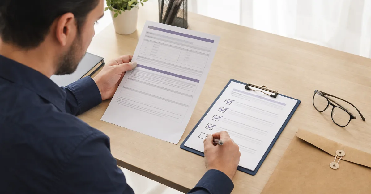 Candidato confere um laudo médico e preenche checklist de requisitos de concurso