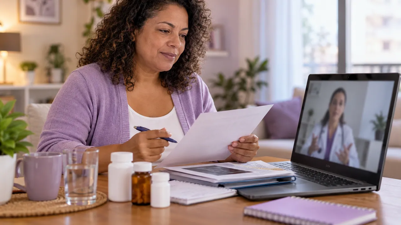 Imagem ilustrativa de mulher reunindo documentos para uma consulta por vídeo