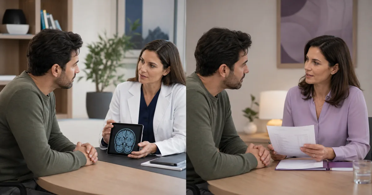 Paciente conversa com neurologista e profissional de saúde mental em cenas lado a lado