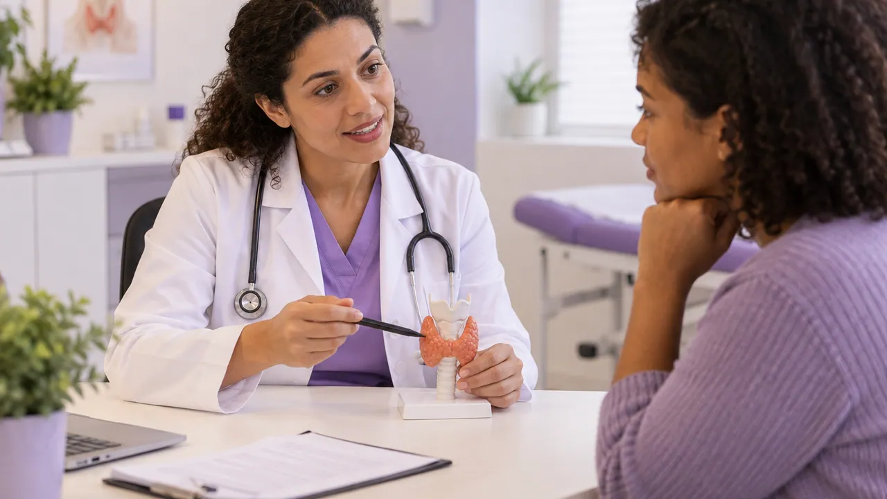 Imagem ilustrativa de médica e paciente conversando com um modelo da tireoide sobre a mesa