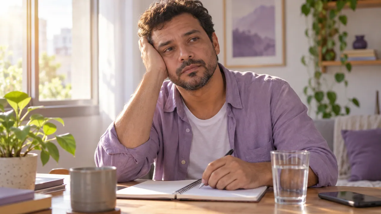 Imagem ilustrativa de homem sentado junto a uma janela com um caderno sobre a mesa