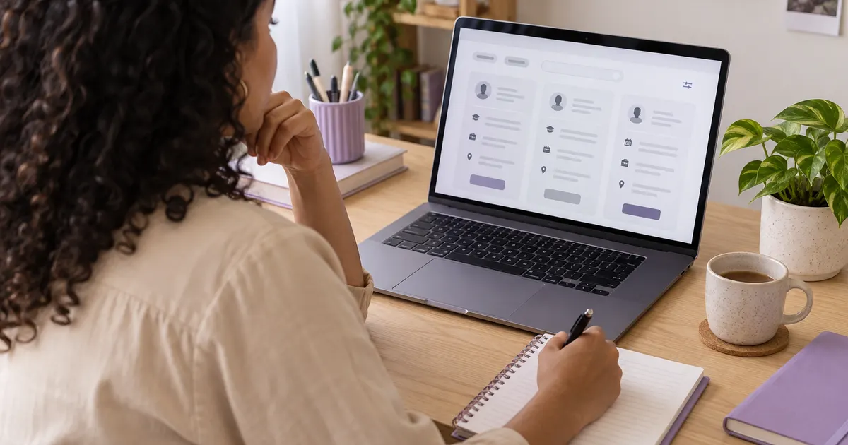 Imagem ilustrativa de uma mulher comparando informações no computador e anotando dúvidas em um caderno