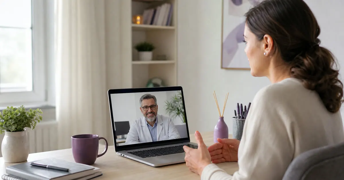 Paciente conversando com médico por videochamada em consulta psiquiátrica online