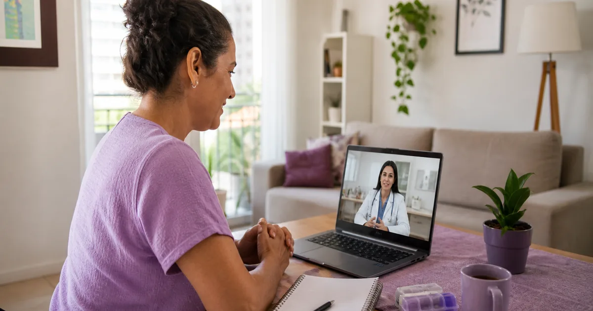 Paciente conversa com médica por videochamada no notebook durante consulta de telemedicina