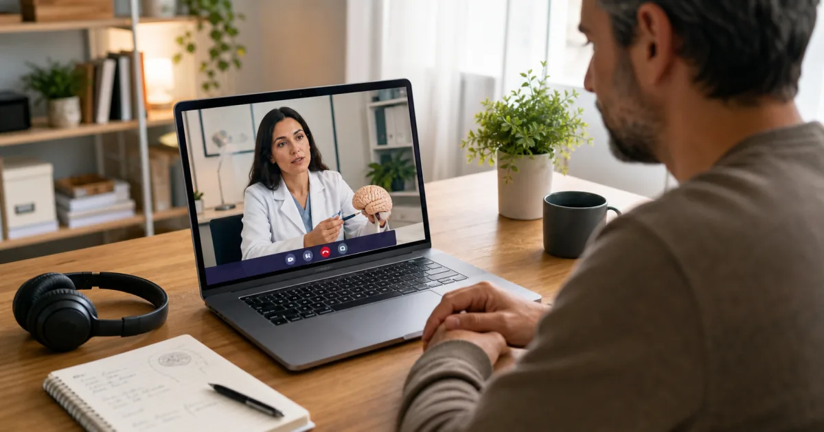 Paciente participa de teleconsulta com neurologista que mostra um modelo do cérebro pela tela do notebook