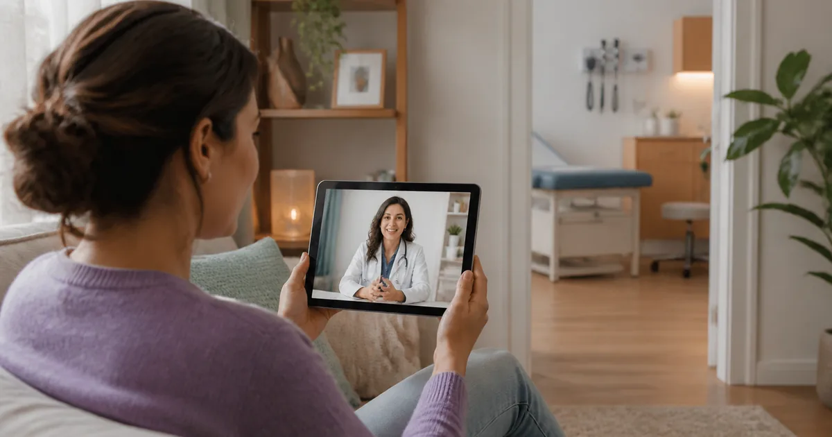Paciente em teleconsulta por tablet com consultório médico ao fundo