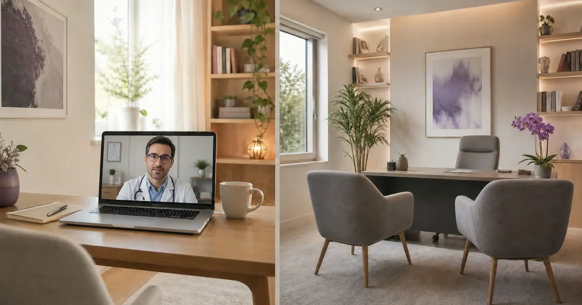 Computador para teleconsulta ao lado de consultório representando atendimento online e presencial