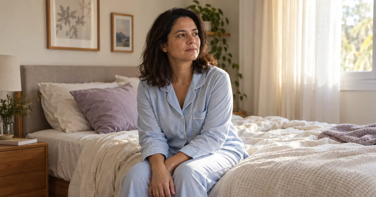 Imagem ilustrativa de uma mulher sentada na cama pela manhã, em um quarto iluminado pela janela