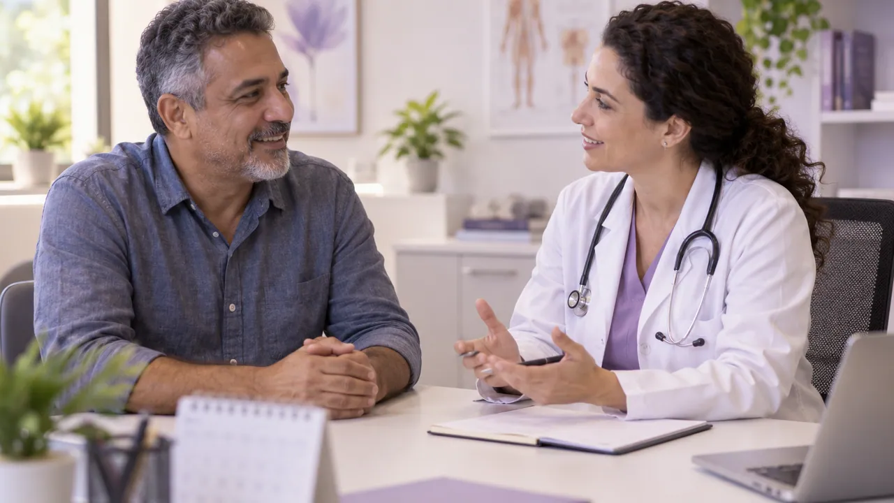 Imagem ilustrativa de homem e médica conversando numa consulta preventiva