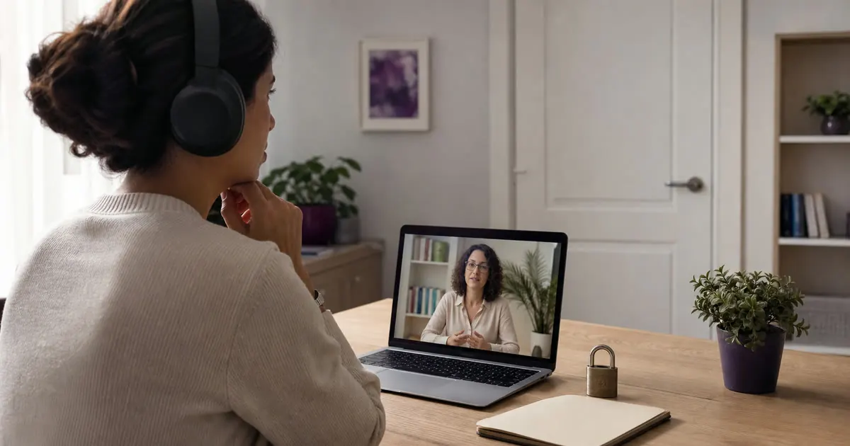Paciente com fones em teleconsulta e cadeado representando privacidade dos dados