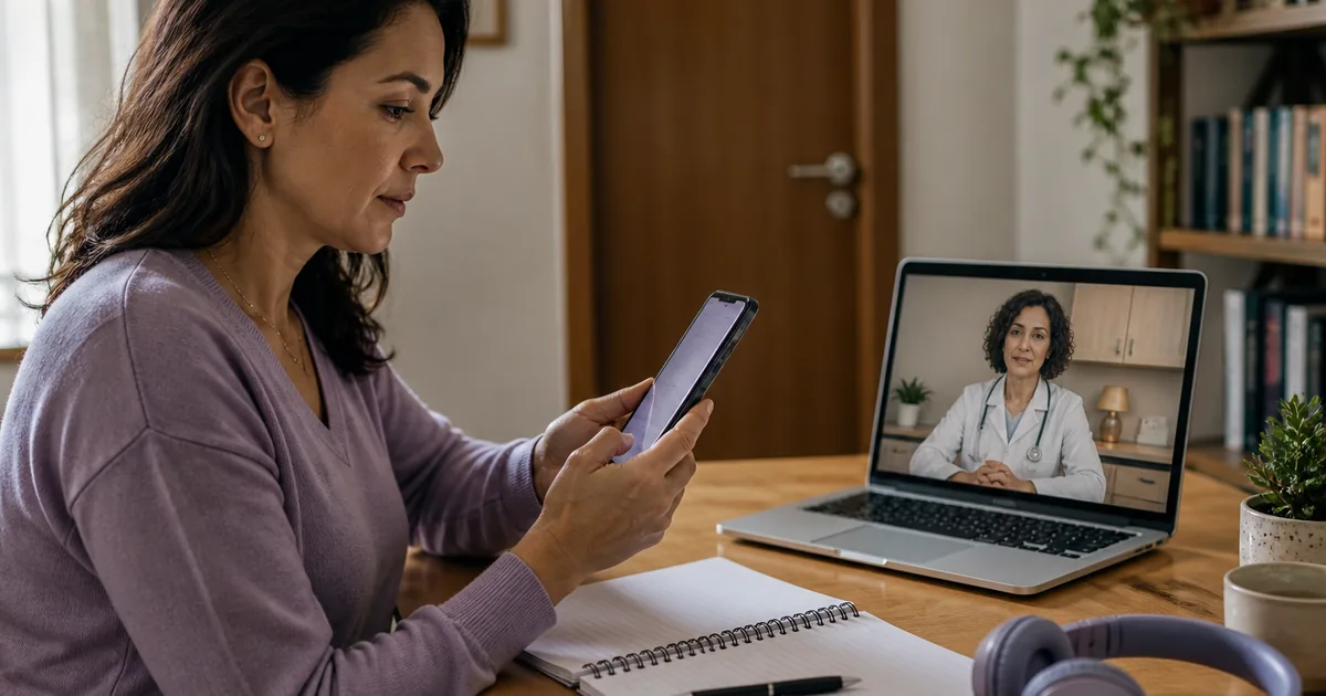 Pessoa verifica no celular o registro profissional de uma médica antes da consulta online